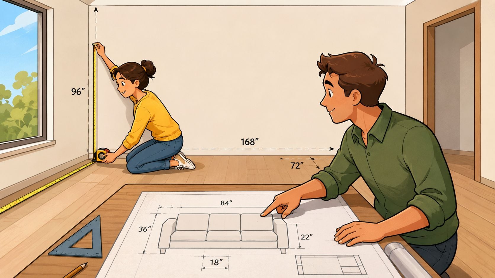 A couple measures a room and a floor plan for a new reclining sofa with storage.