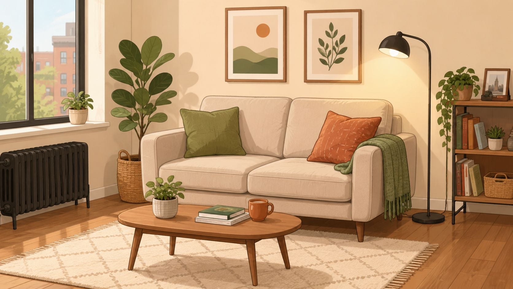A cozy, sunlit living room featuring a beige sofa, wooden coffee table, and various indoor plants.