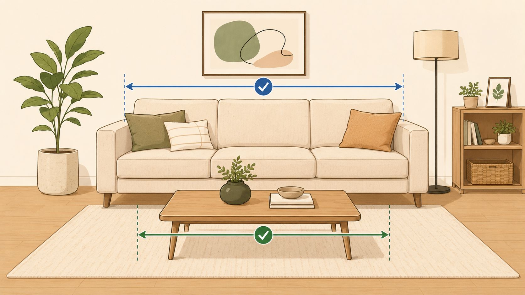 An illustration showing the proportional size and spacing between a living room sofa and coffee table.