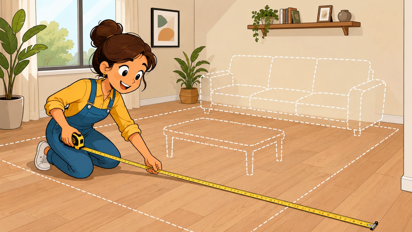 A young woman kneeling on a hardwood floor, measuring the space with a tape for furniture placement.