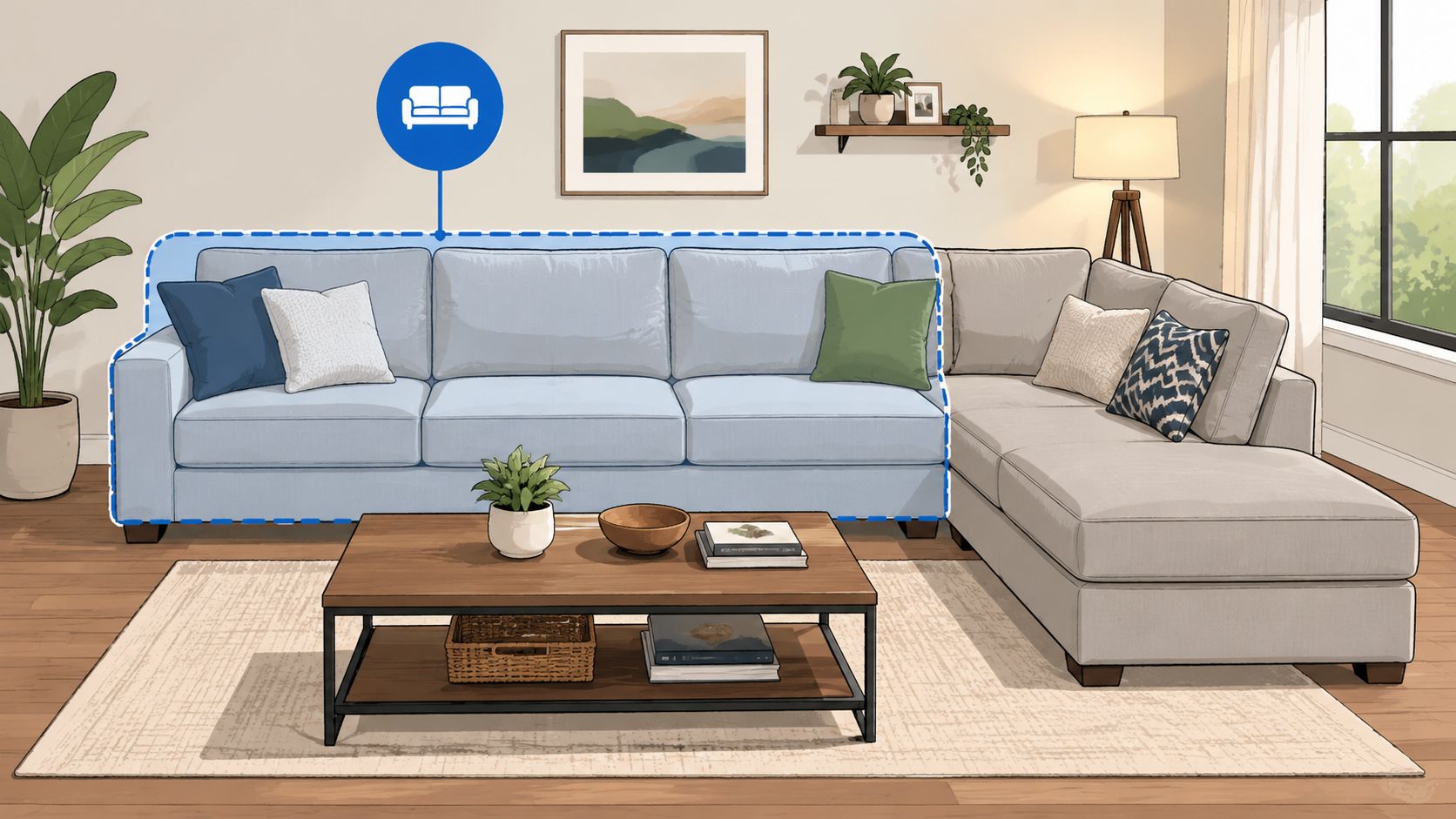 A modern living room featuring a light gray sectional sofa and a rectangular wooden coffee table with books.