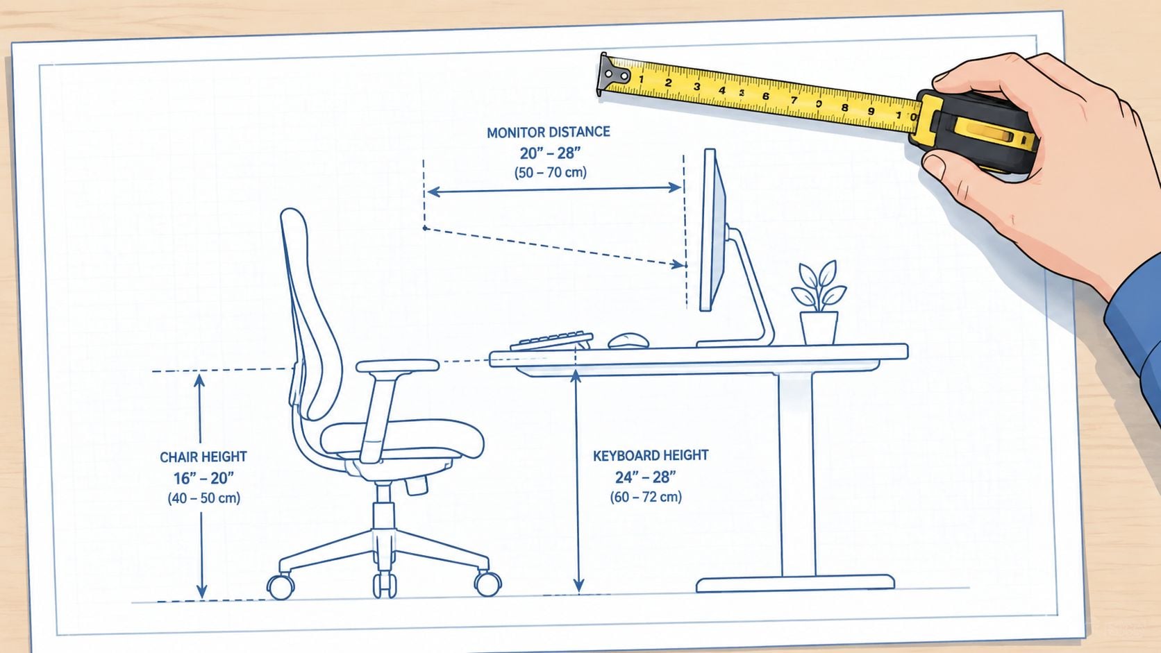 A blueprint diagram illustrating proper ergonomic measurements for a work from home desk and chair setup.