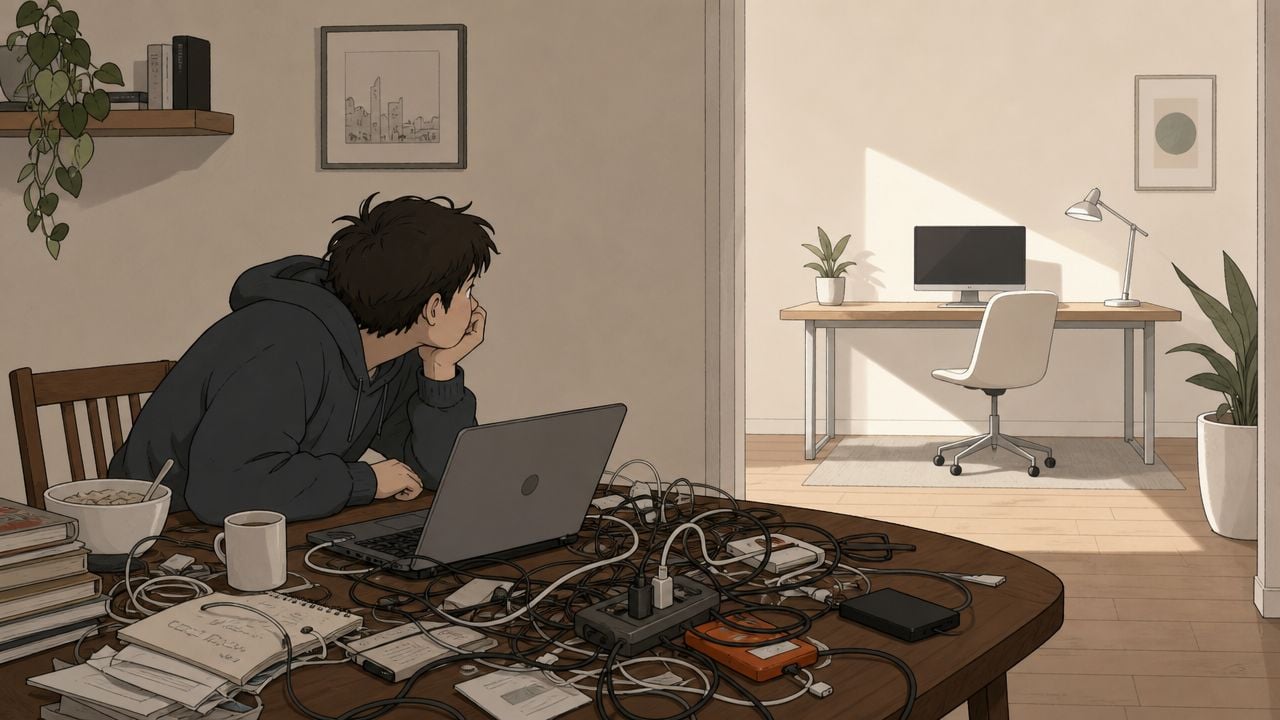 A person sits at a cluttered table with a laptop, looking toward a tidy desk in another room.