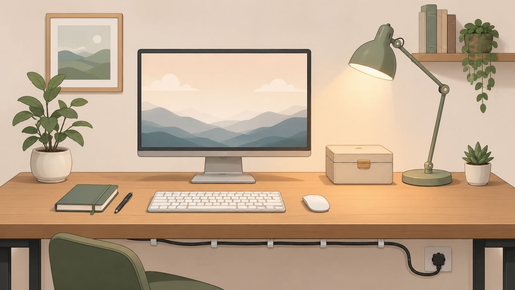 A minimalist and cozy work from home desk setup featuring a computer monitor, desk lamp, and indoor plants.