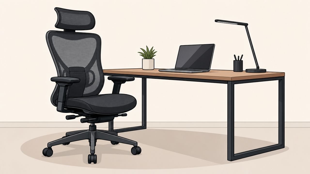 A modern home office setup featuring a comfortable ergonomic mesh chair and a laptop on a desk.