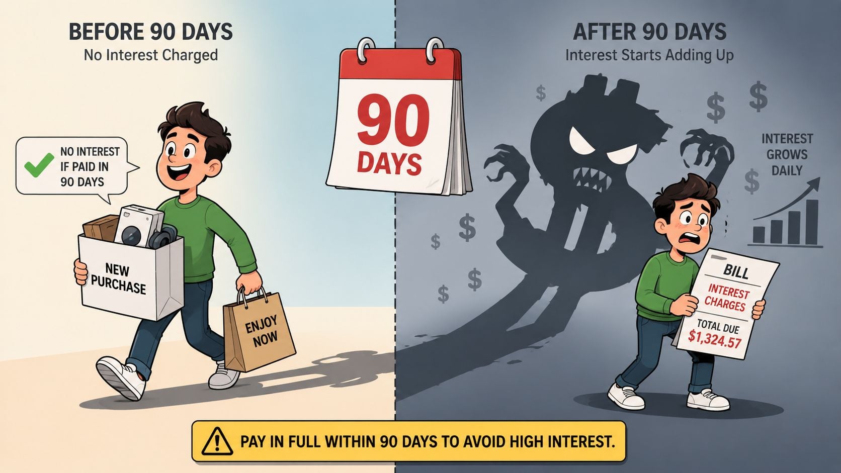 A comparison showing a happy shopper before 90 days and a worried person facing interest after 90 days.