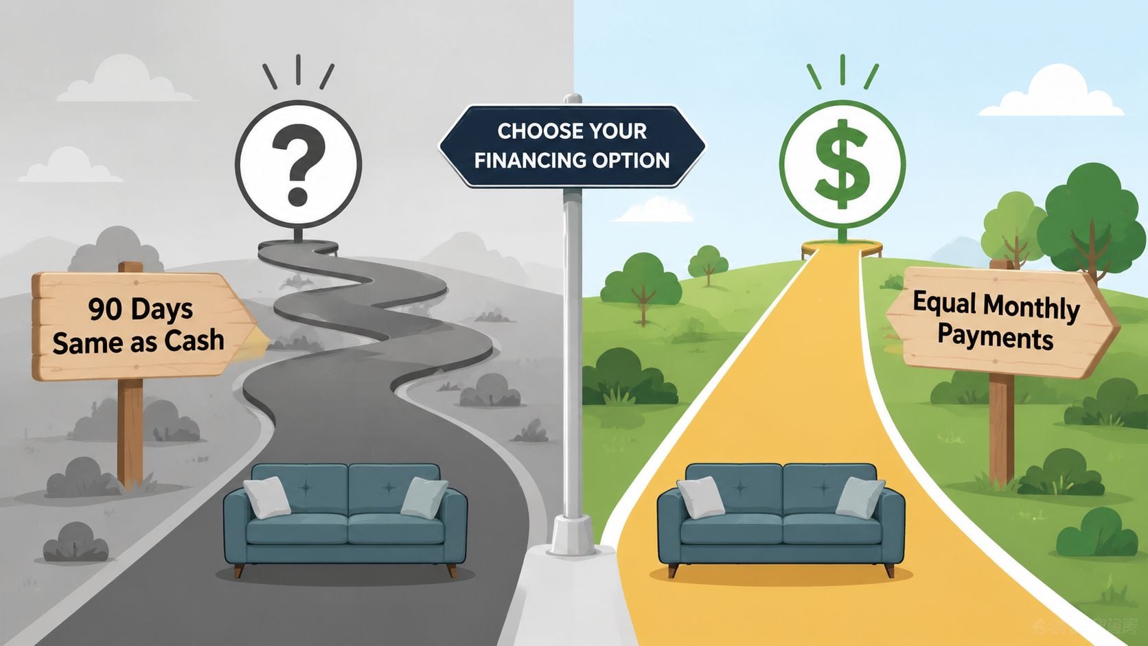 A split scene comparing a 90 days same as cash option versus an equal monthly payments financing option.