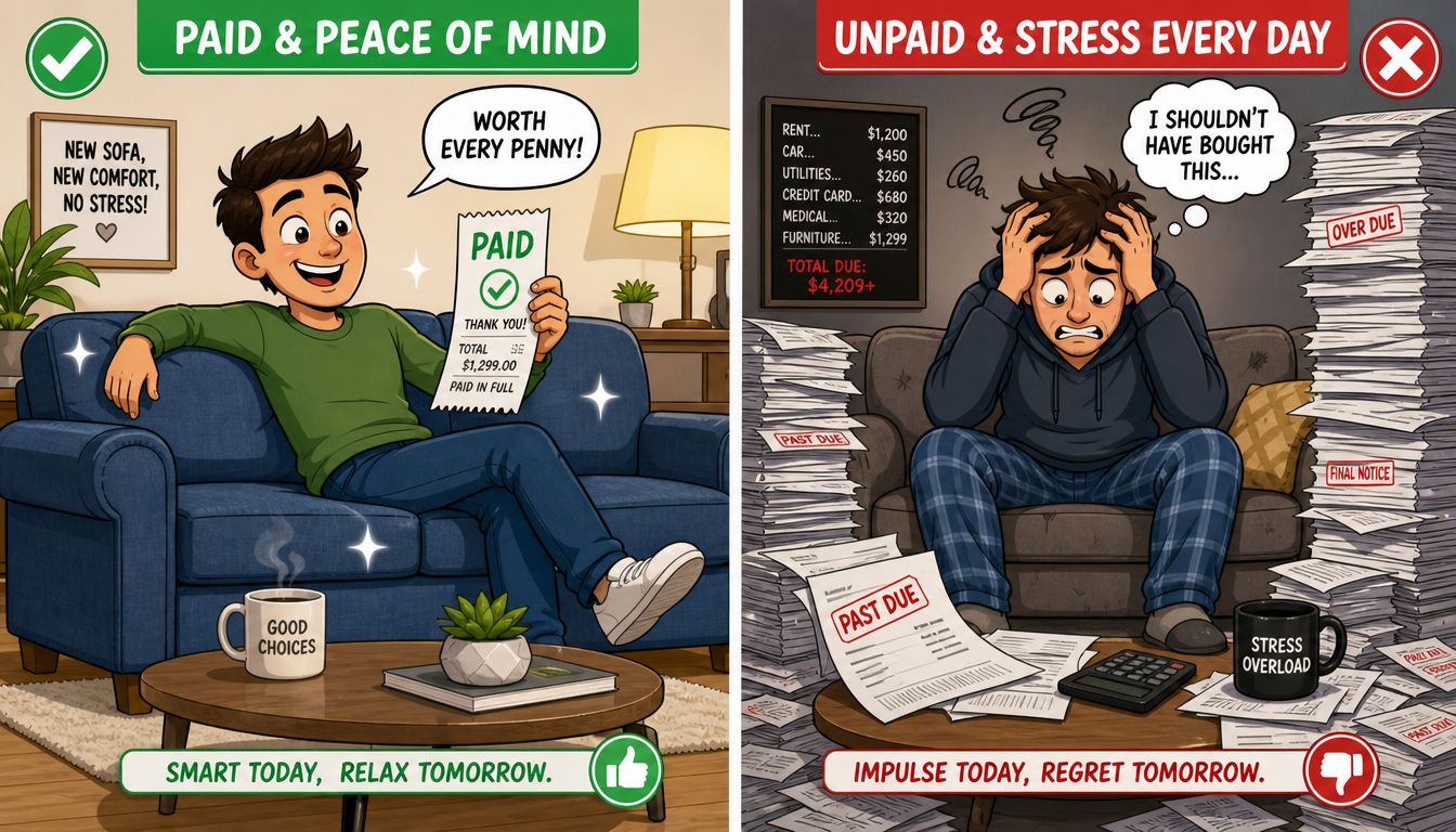 A split image contrasting a happy man who paid for furniture with a stressed, debt-ridden man.