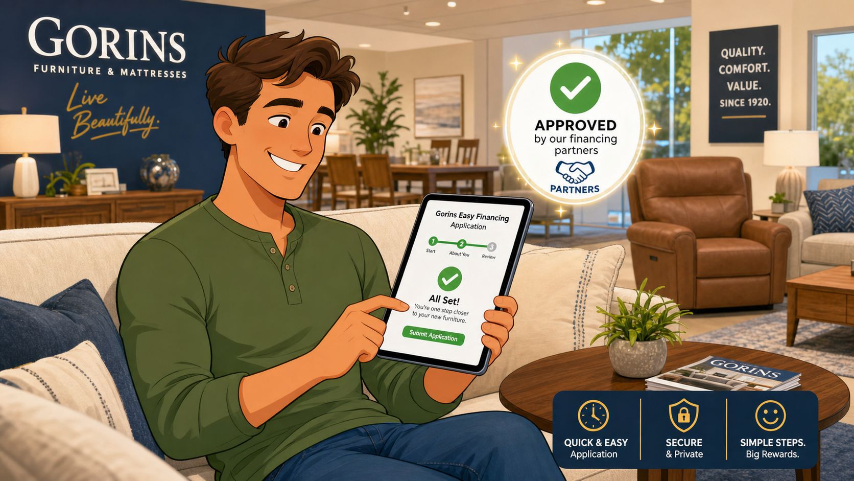 A happy man sitting on a sofa using a tablet to apply for Gorins furniture financing online.
