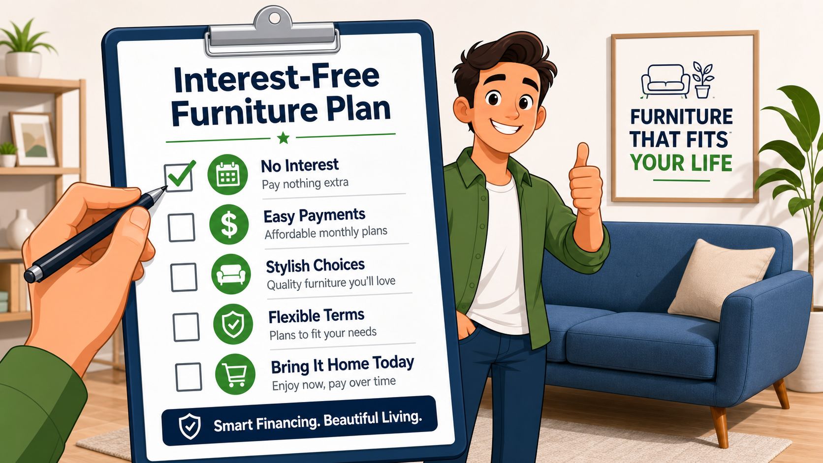 A friendly man gives a thumbs up beside a clipboard highlighting an interest-free furniture financing plan.