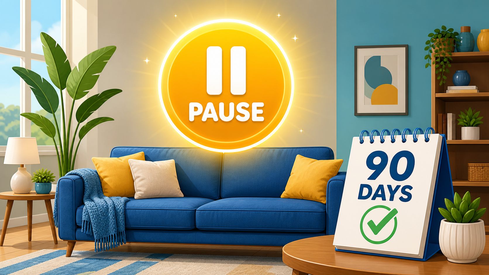 A living room featuring a blue couch and a calendar displaying a ninety days pause sign.