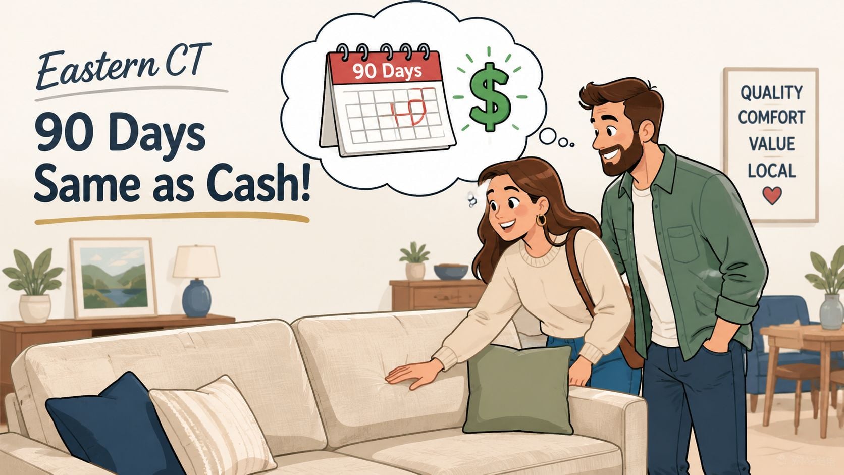 A happy couple shopping for furniture in a store with a 90 days same as cash promotion.