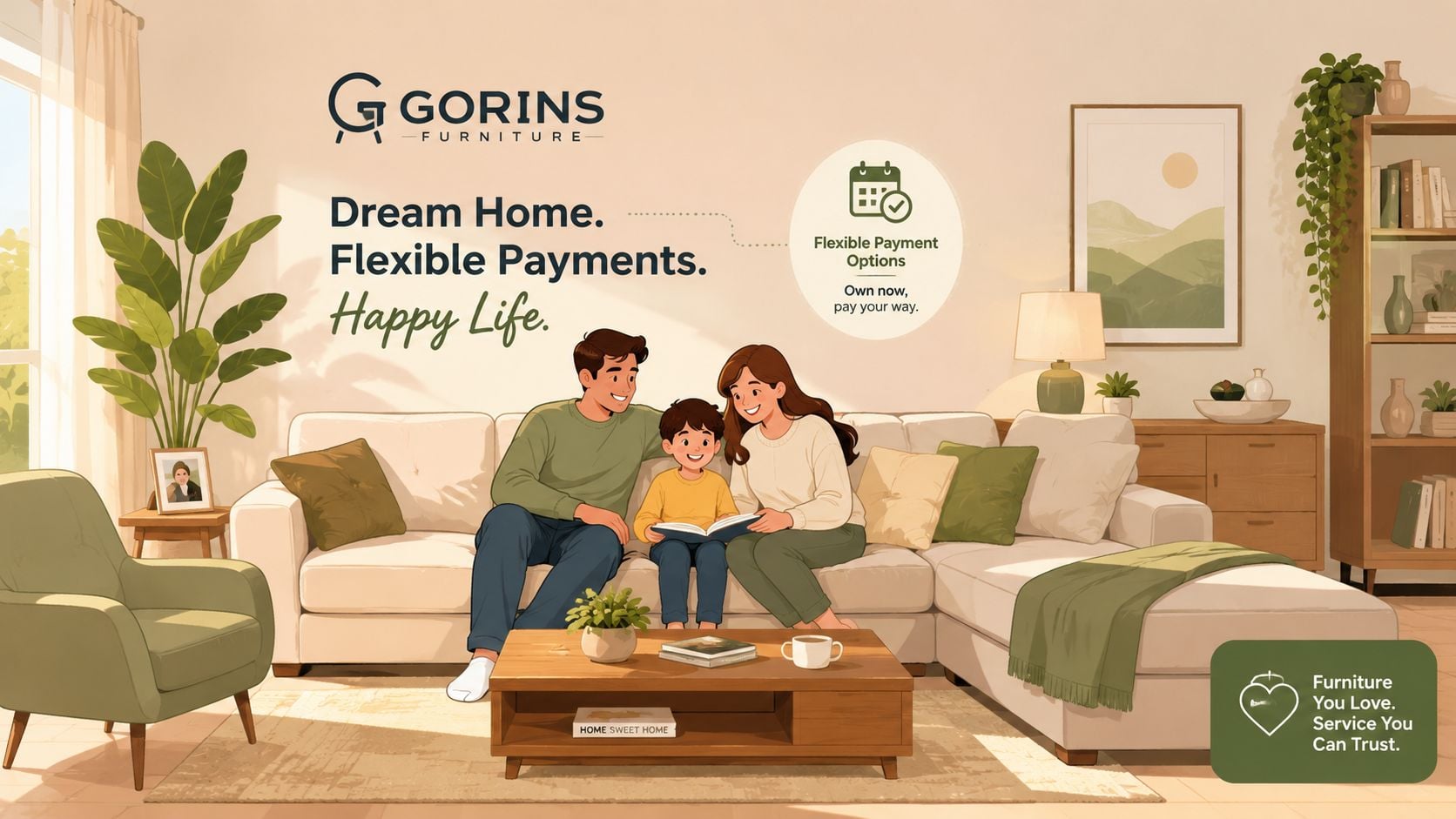 A happy family sitting together on a modern sofa in their living room, promoting furniture store payment options.