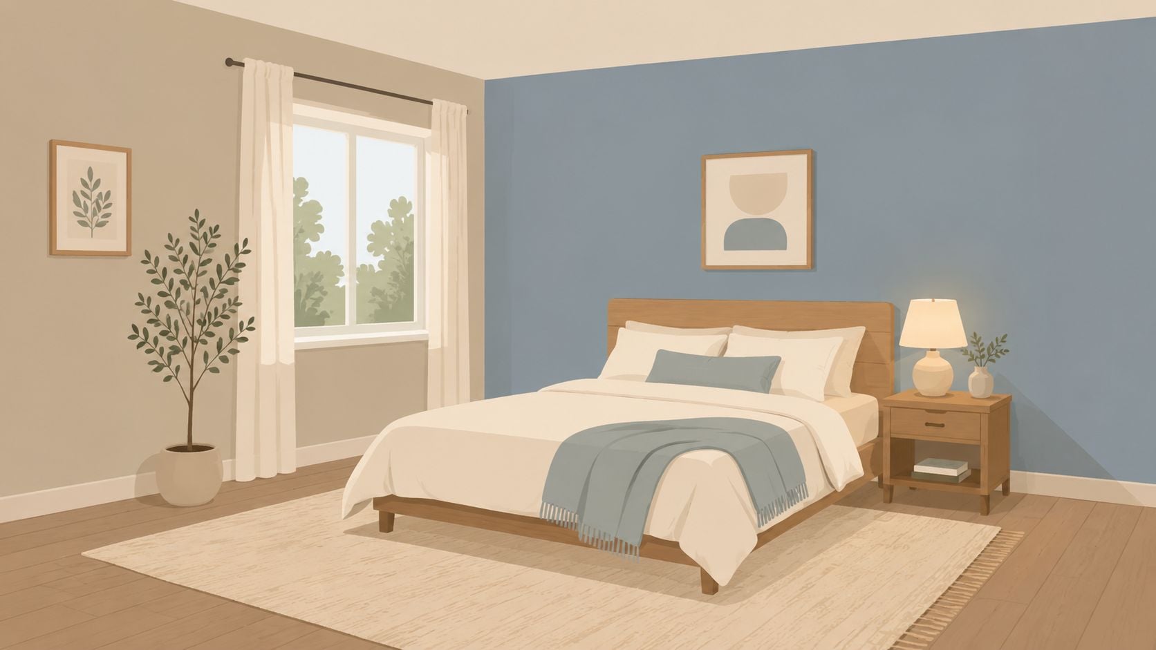 A cozy bedroom featuring a blue accent wall, a light wood bed, and minimalist neutral decor.