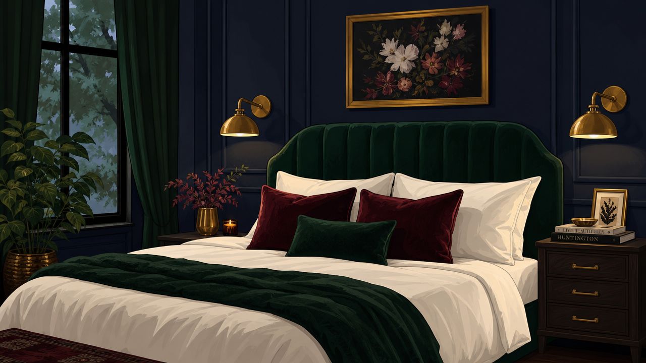 A luxurious bedroom featuring dark navy walls, a plush green velvet headboard, and elegant brass wall sconces.