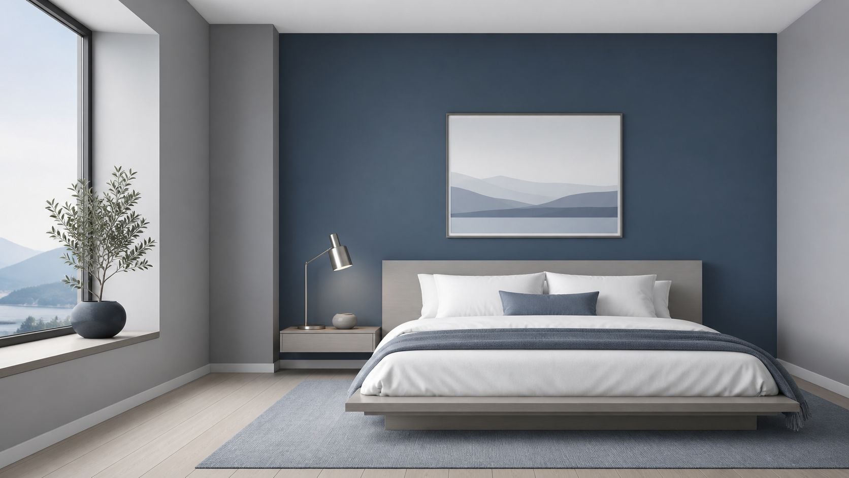A minimalist bedroom featuring a blue accent wall, a platform bed, and a scenic window view.