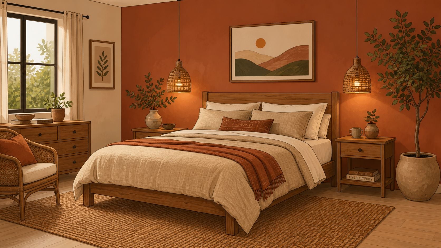 A cozy, warm-toned bedroom featuring a terracotta accent wall, wooden furniture, and natural decor elements.