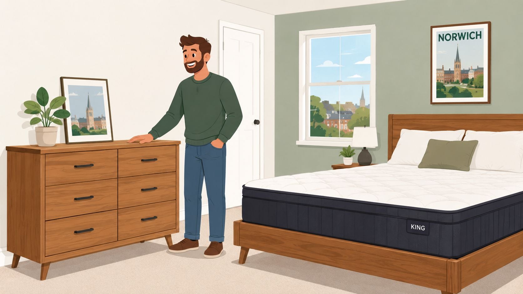 A man standing in a modern bedroom next to a wooden dresser and a king size bed.