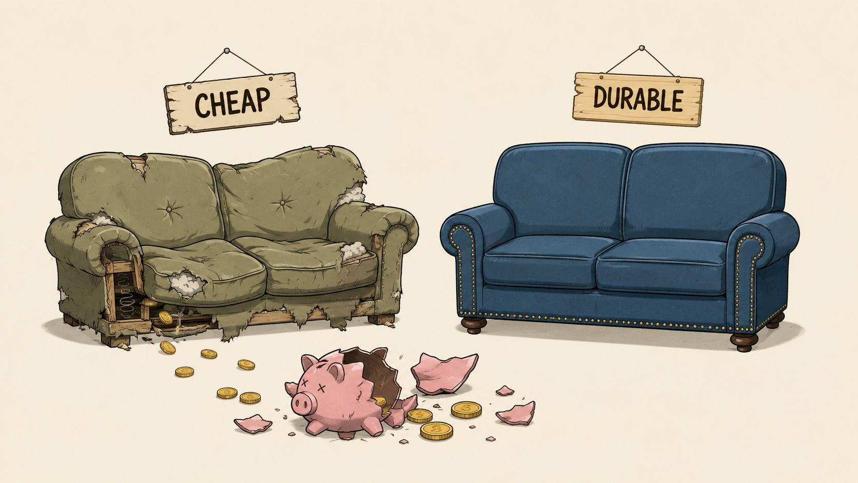 A comparison illustration showing a broken cheap sofa with a piggy bank versus a sturdy blue sofa.