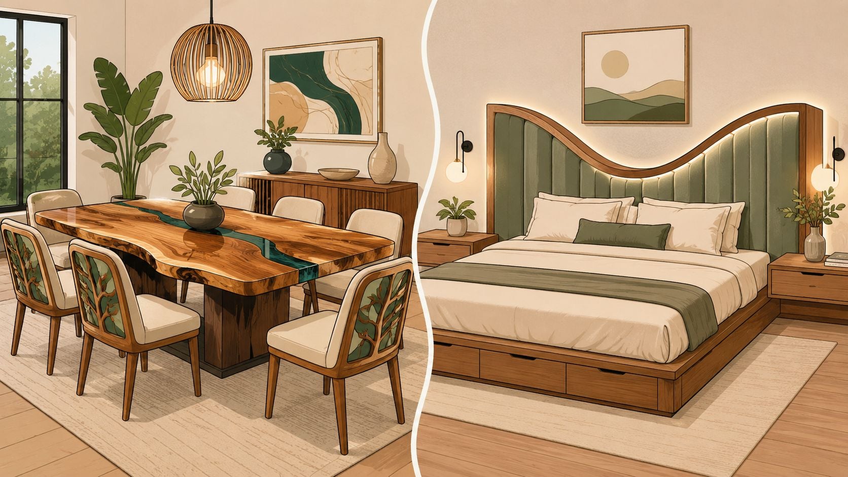A split-screen view showing a modern dining room and a cozy bedroom with natural wooden furniture designs.