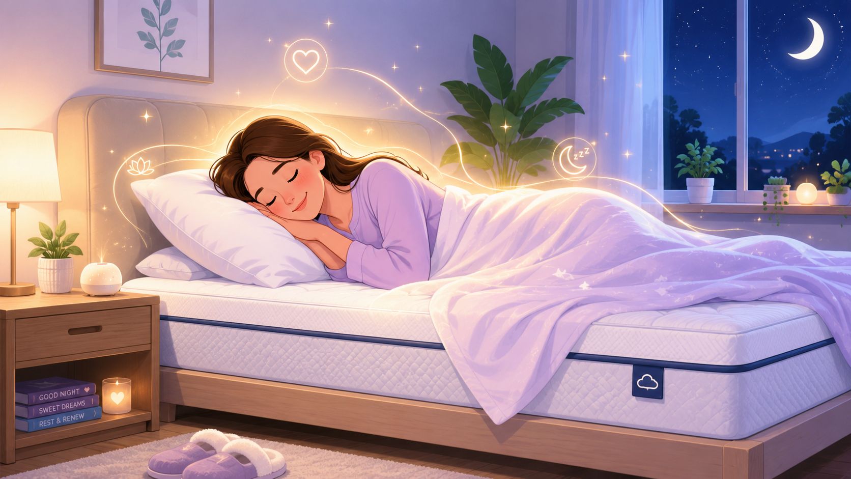 A peaceful woman sleeping soundly on a comfortable mattress in a cozy bedroom with night sky decorations.