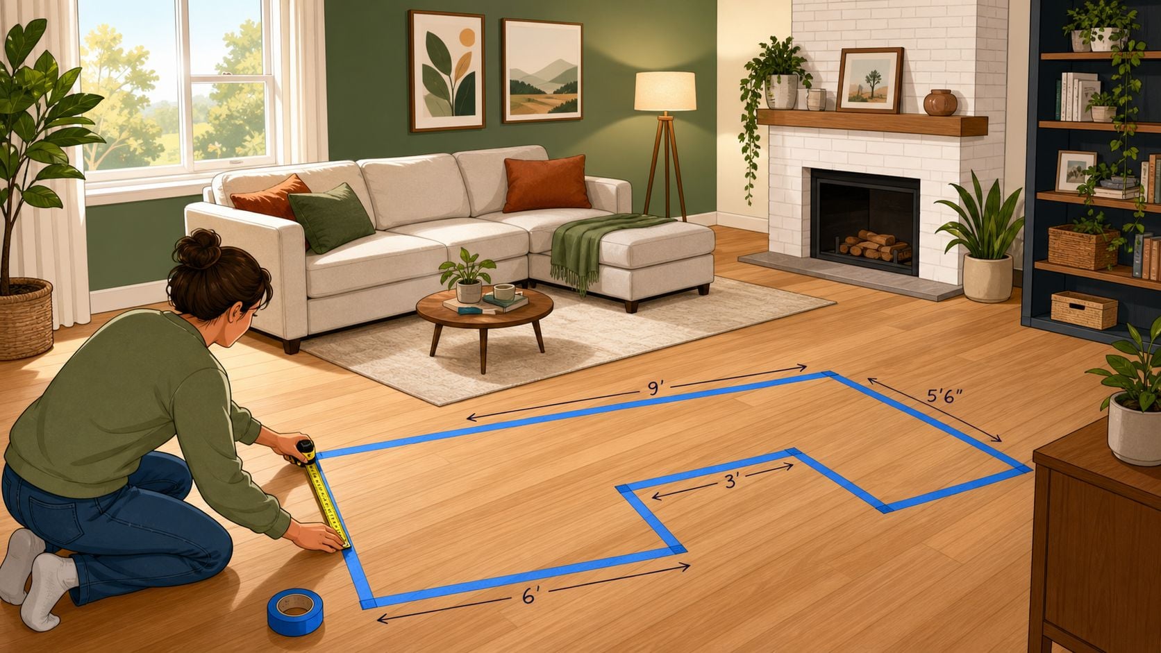 A person using painter's tape on a floor to outline a sectional sofa layout for room planning.