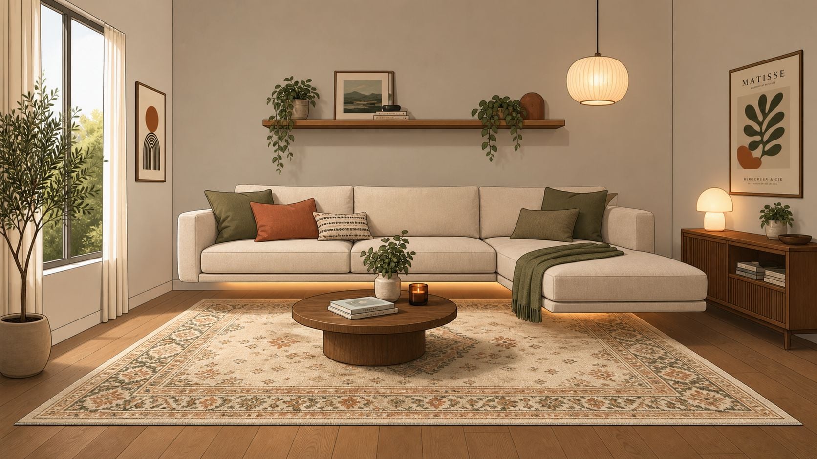 A modern neutral living room featuring a floating sectional sofa and warm earth tone decor accents.