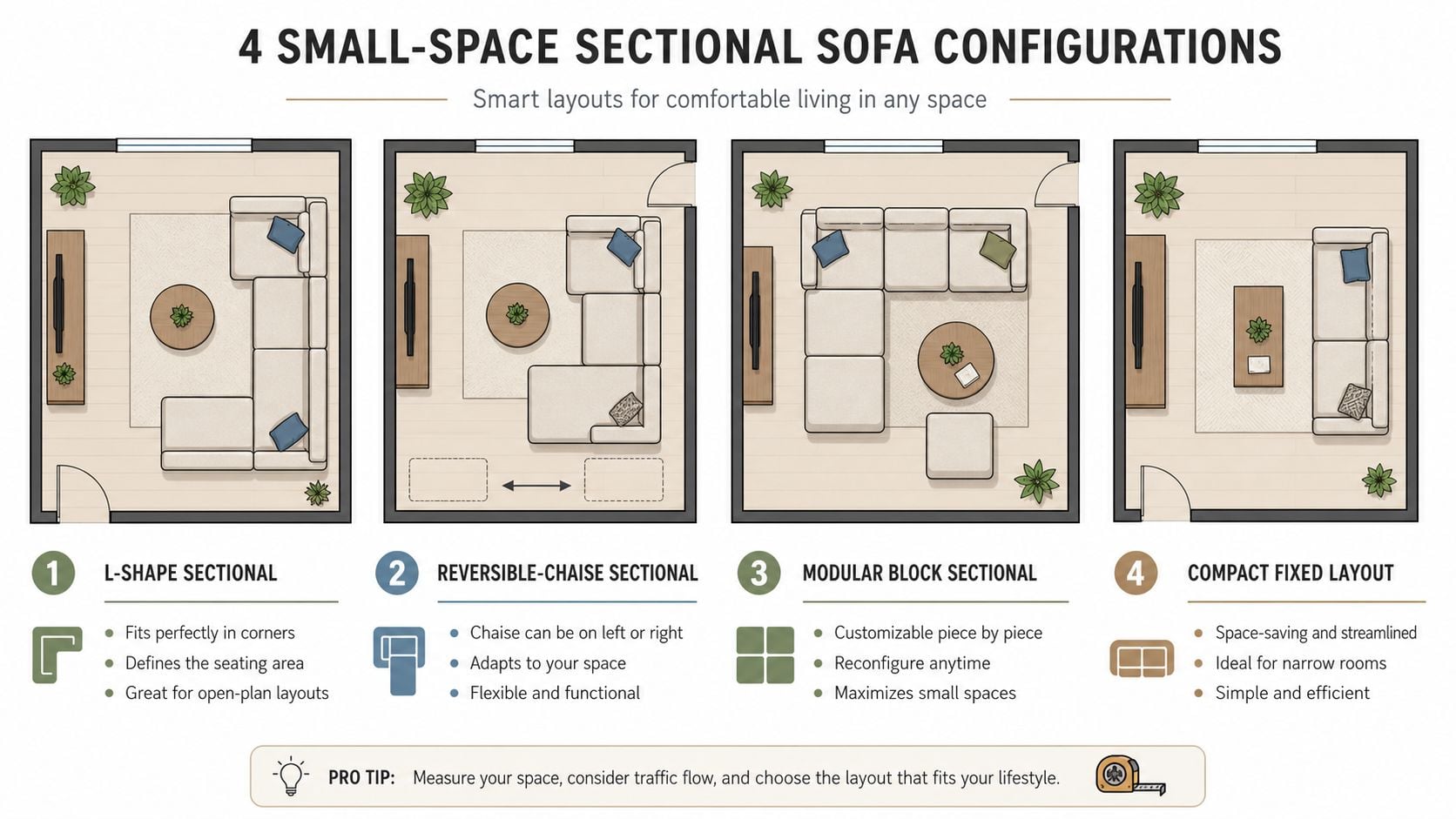A diagram illustrating four different types of small-space sectional sofa configurations including l-shape, reversible-chaise, modular, and fixed.