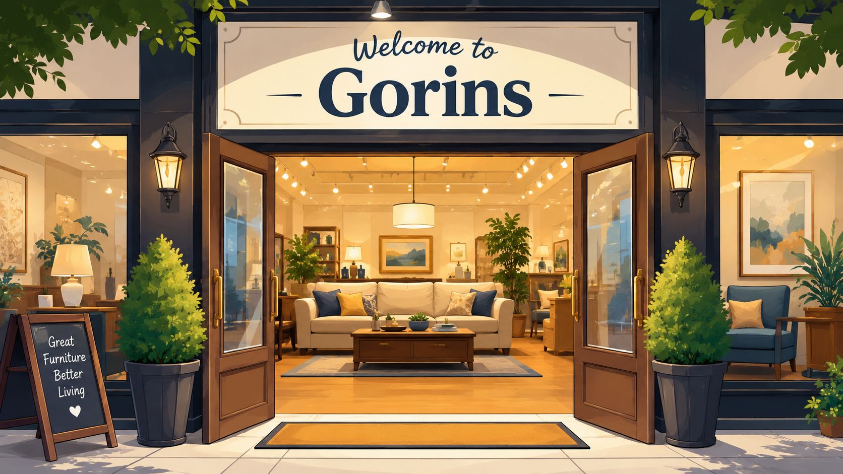 A welcoming storefront of Gorins furniture shop featuring a bright, cozy showroom filled with elegant home furnishings.