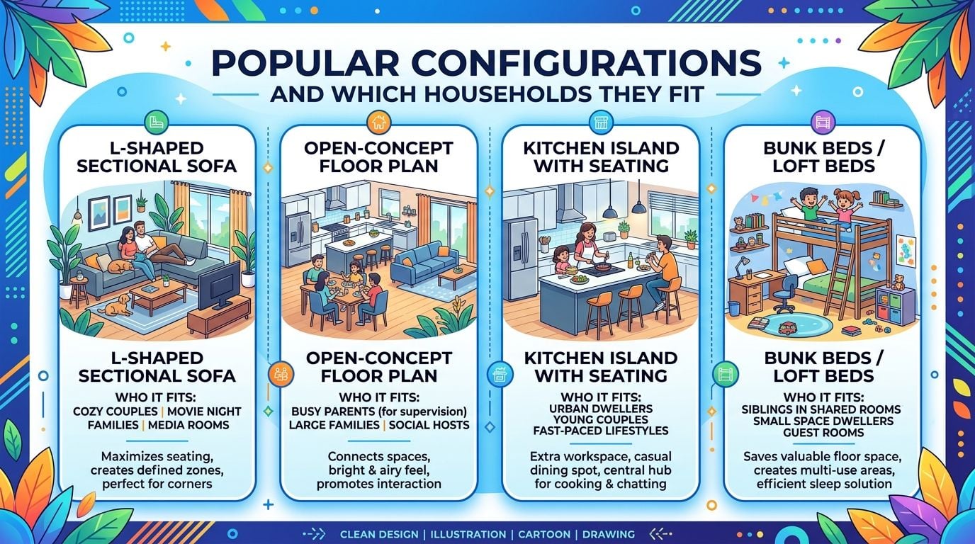 An infographic showing popular home furniture and floor plan configurations for various household living styles.