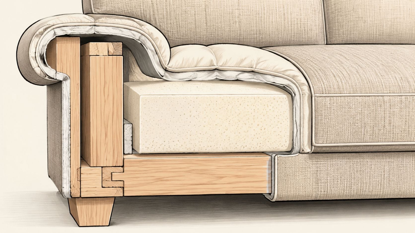 A cutaway view of a sofa showing the internal wooden frame, foam cushioning, and upholstered fabric layers.
