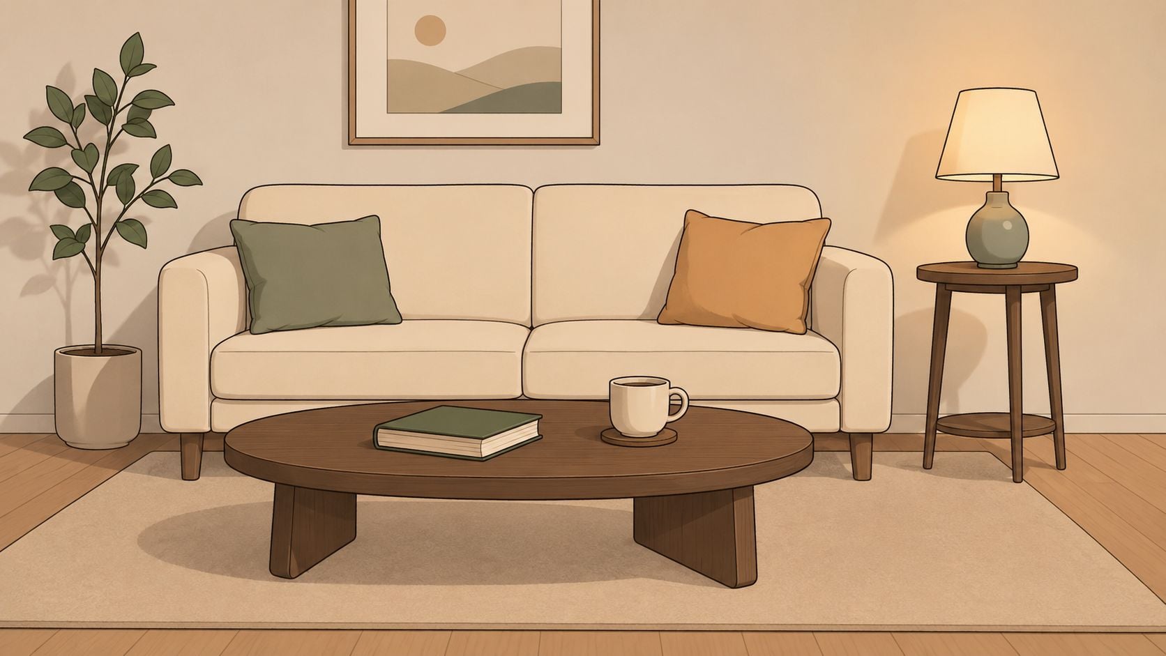 A cozy, minimalist living room featuring a cream sofa, a wooden coffee table, and an end table.