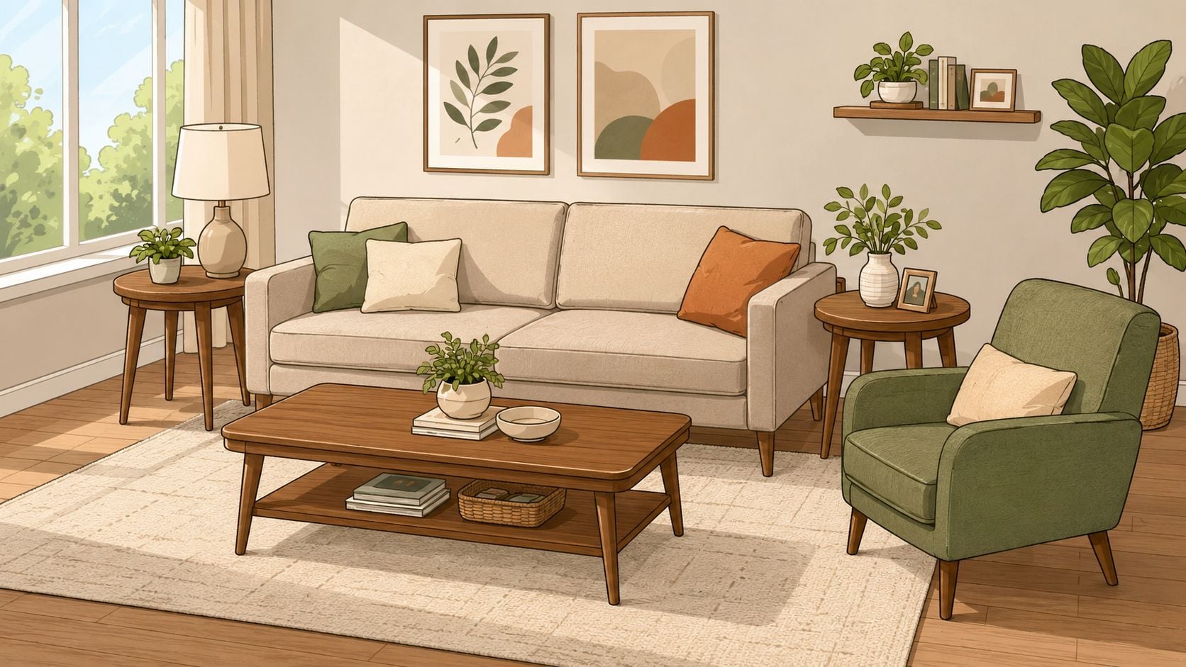 A cozy, minimalist living room with a cream sofa, a green armchair, and wooden coffee and end tables.