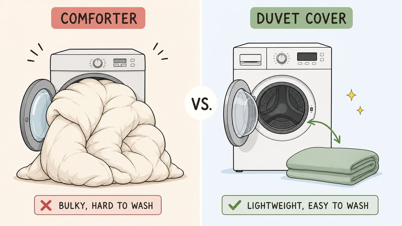 A comparison showing a bulky comforter next to a washing machine versus a lightweight folded duvet cover.