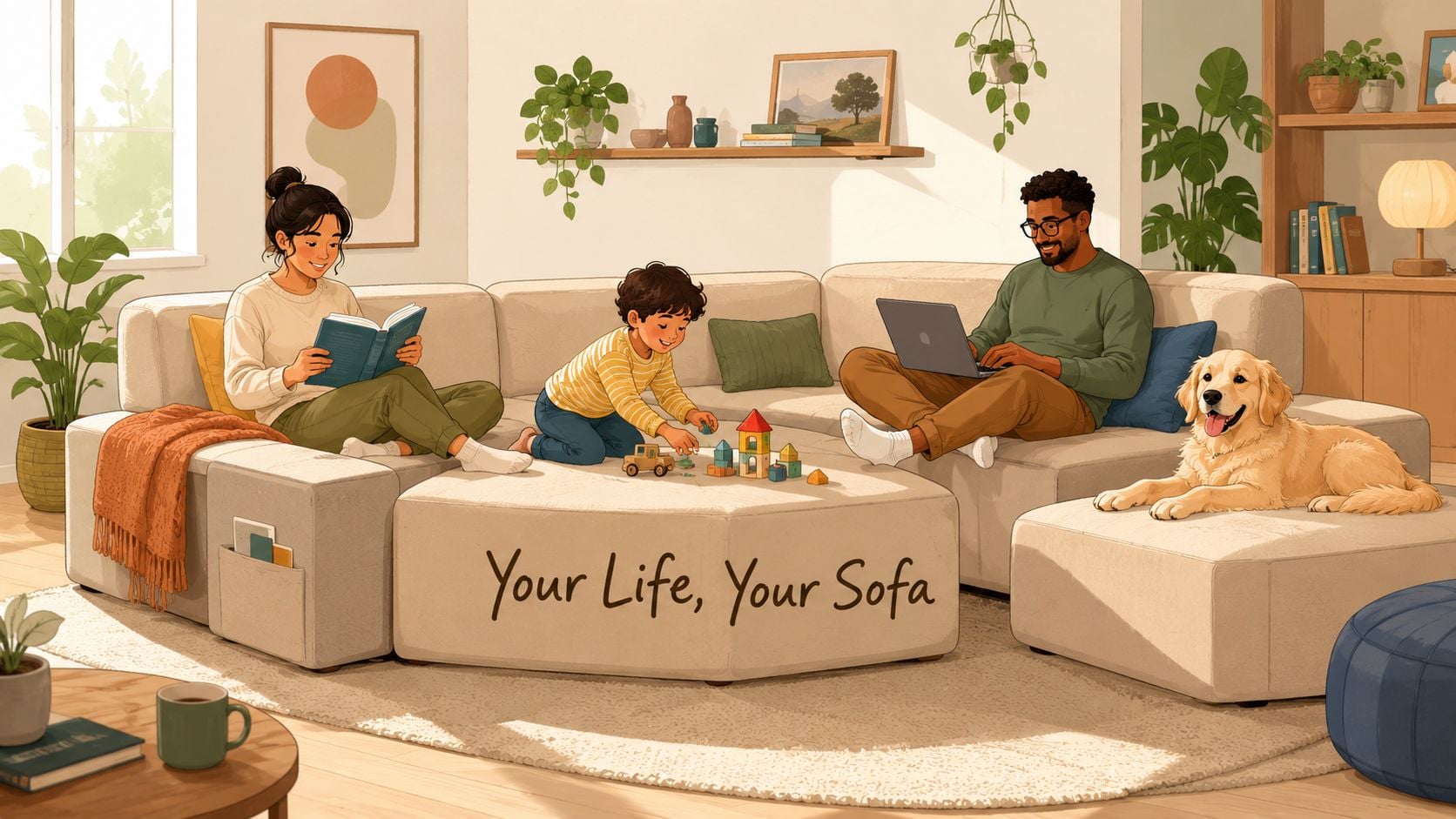 A happy family relaxing on a large modular sofa in a bright, cozy modern living room.