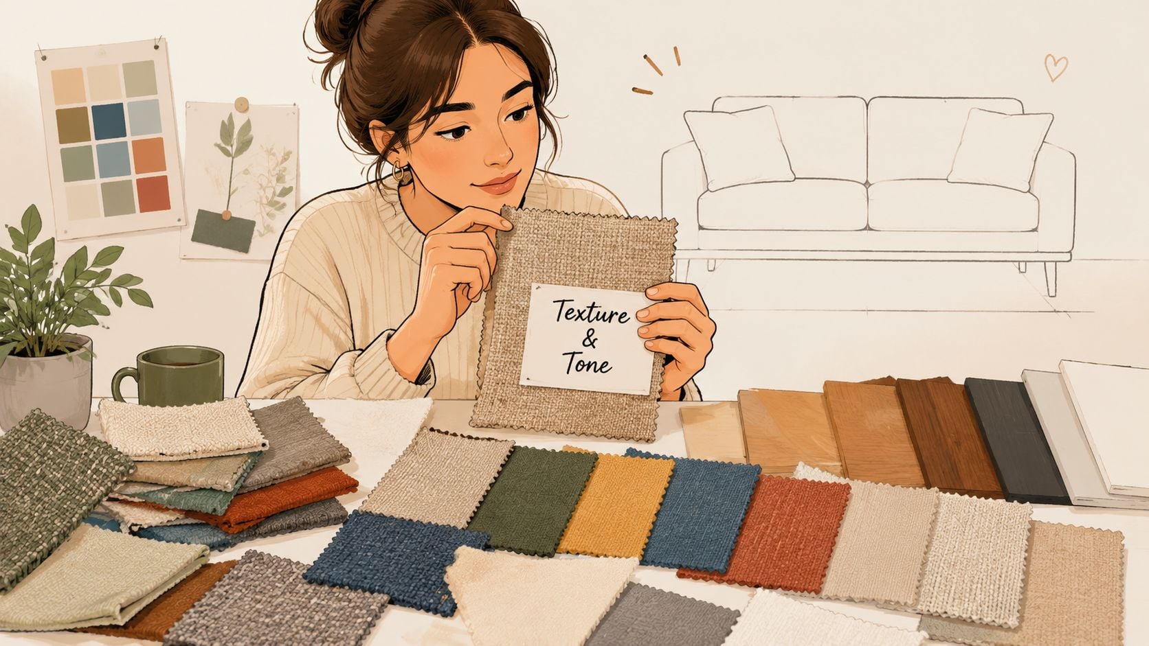A young female interior designer holding a fabric swatch with 'Texture & Tone' written on it.