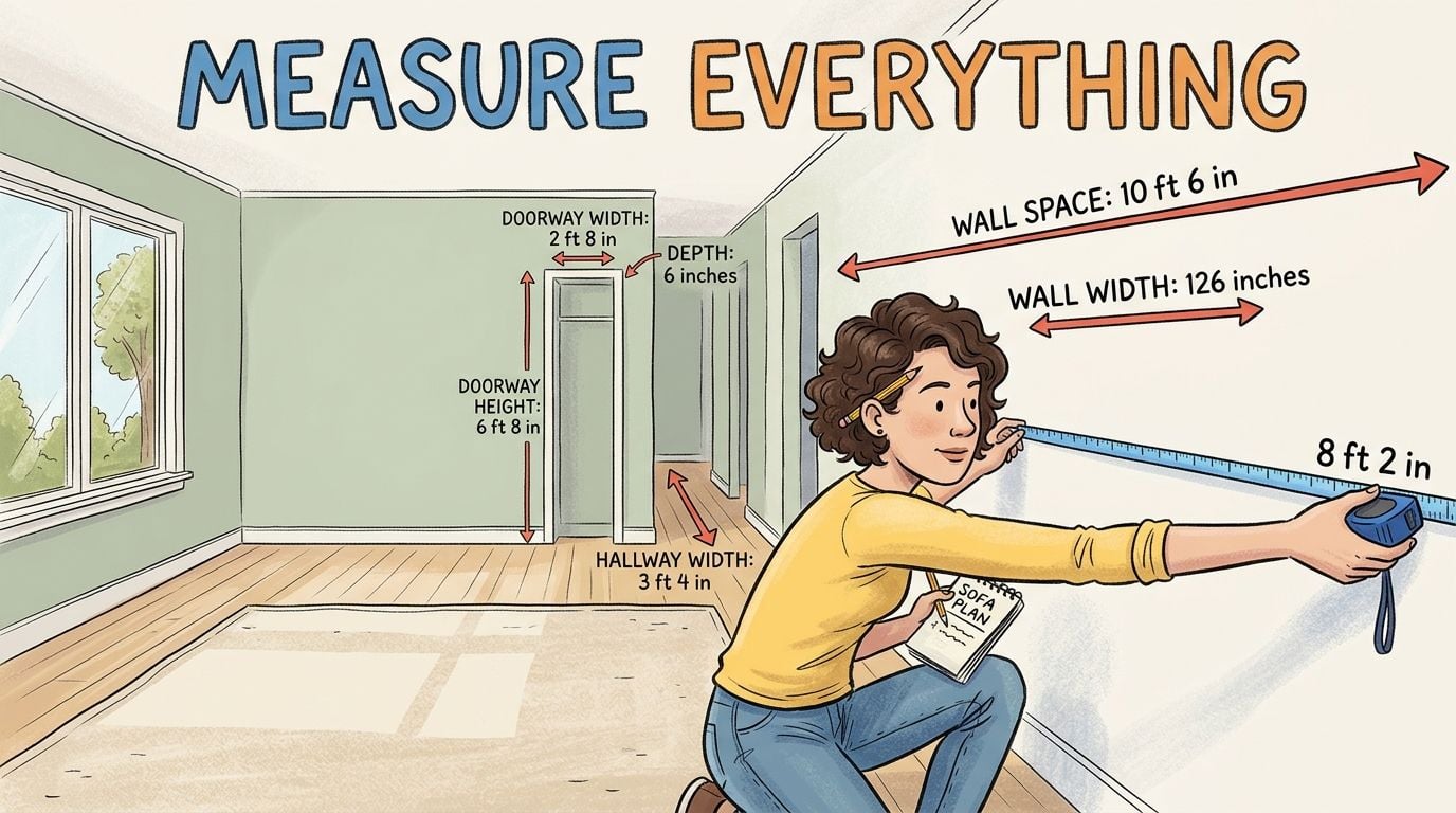 A woman measuring a wall with a tape measure to plan for new furniture dimensions.