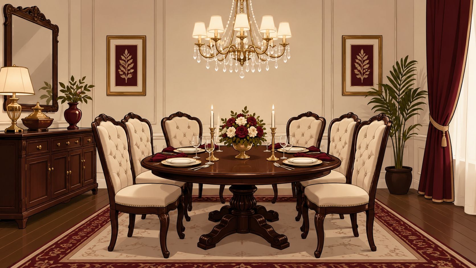A luxurious dining room featuring an elegant wooden round table, upholstered chairs, and a grand crystal chandelier.
