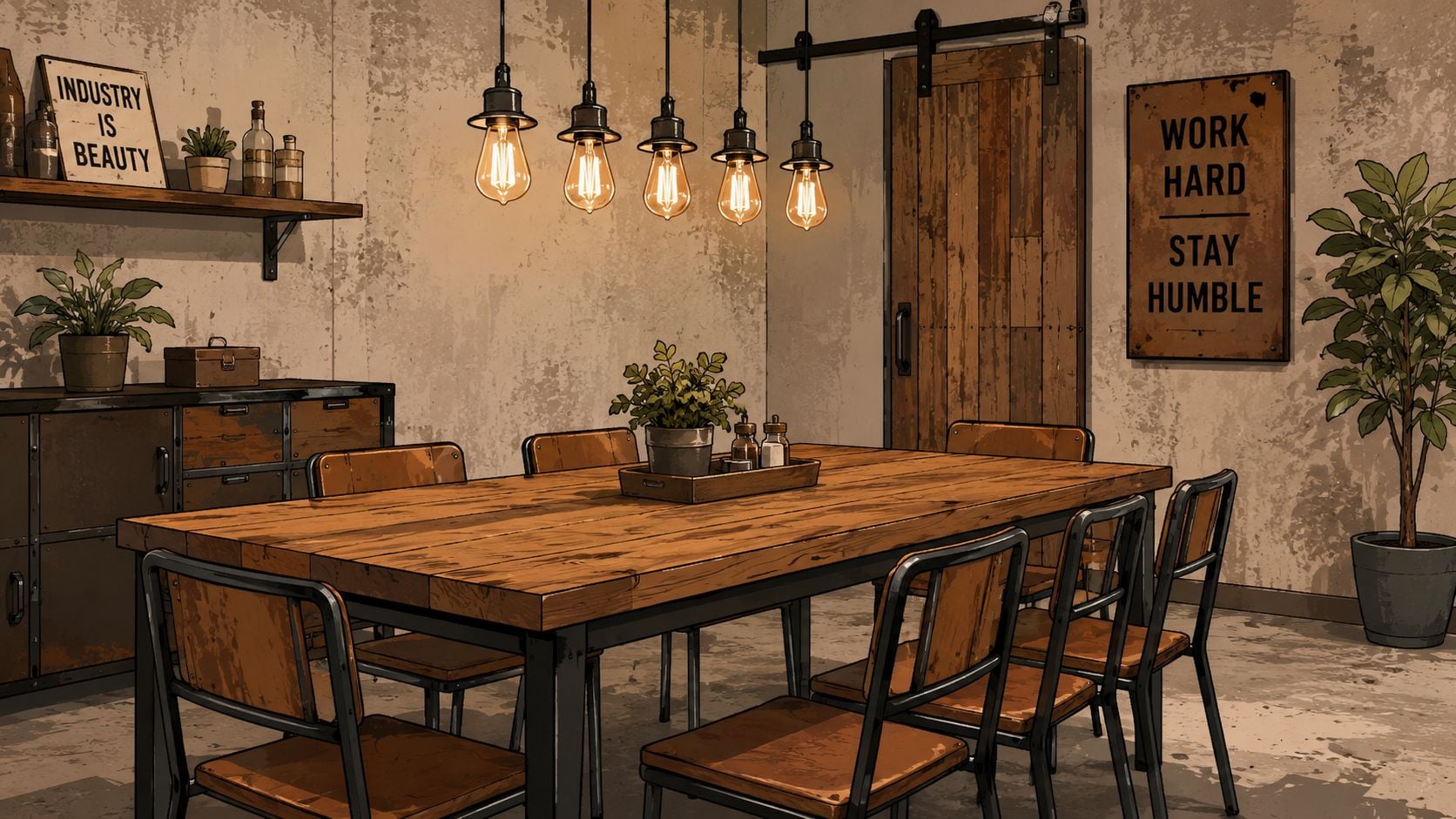 A rustic industrial dining room featuring a wooden table, metal chairs, and warm hanging pendant lights.