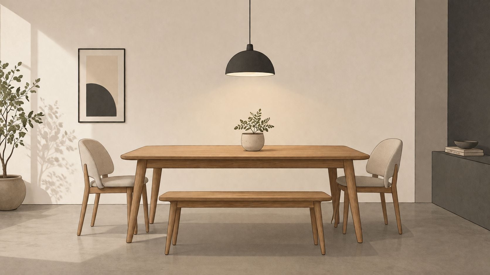A modern minimalist dining room featuring a wooden table, bench, chairs, and a sleek pendant light fixture.