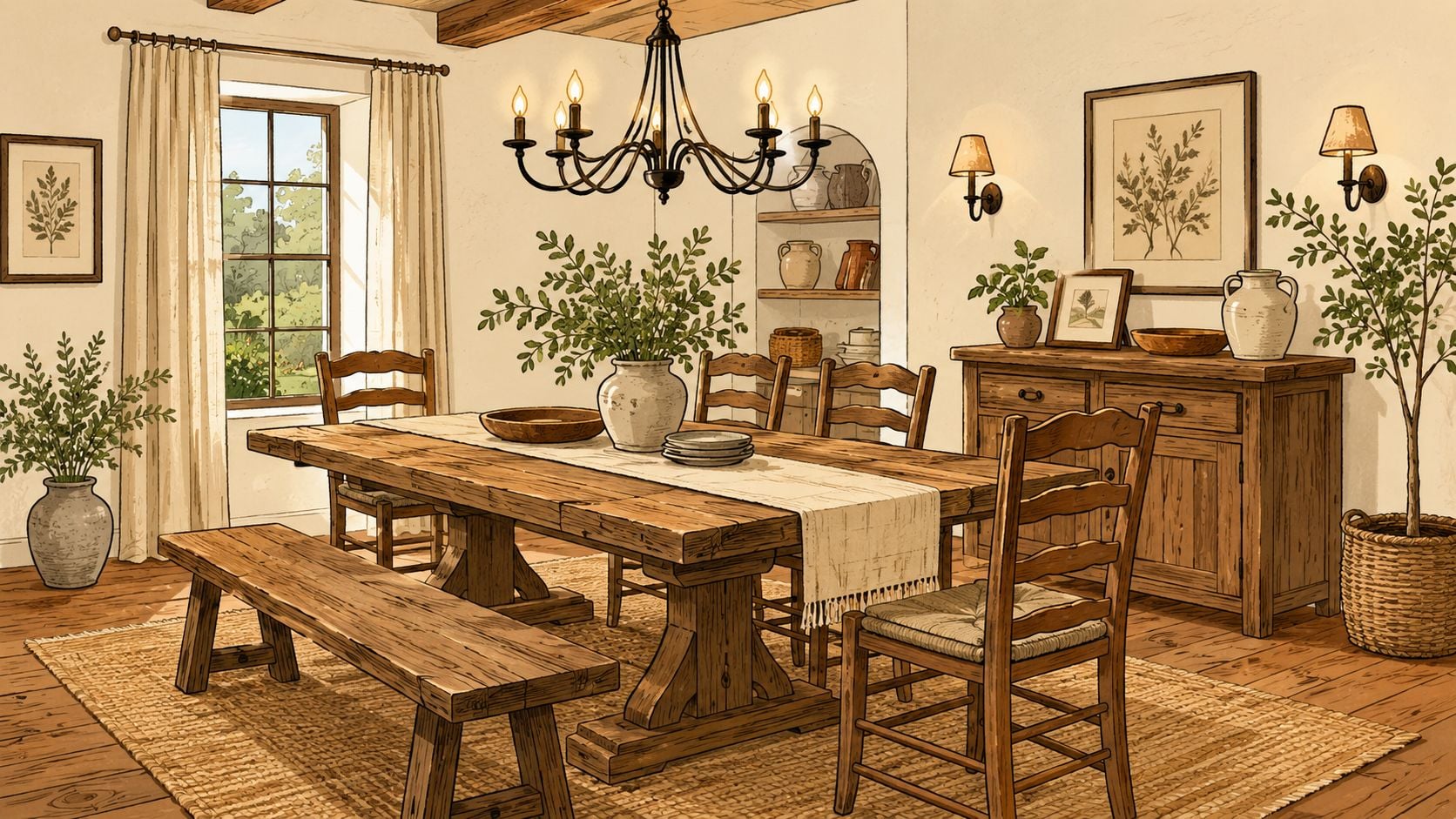 A rustic farmhouse dining room featuring a wooden table, bench, chairs, and natural earthy decor elements.