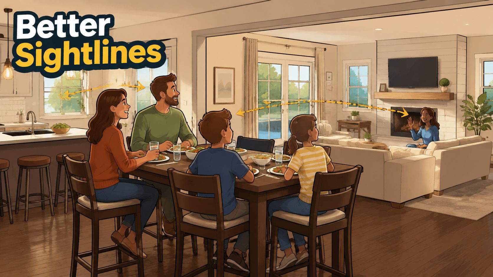 A family eats dinner in an open-concept dining room with bar-height seating, looking toward the living room.
