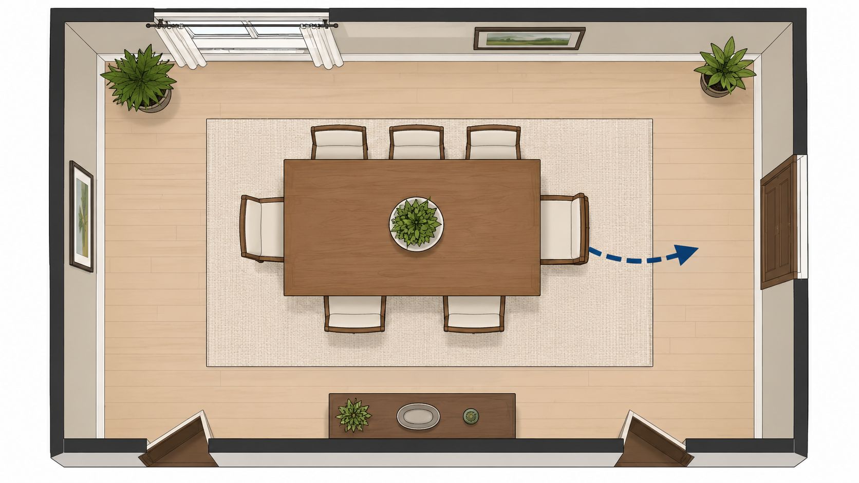 Top-down floor plan view of a formal dining room featuring a large table with eight chairs