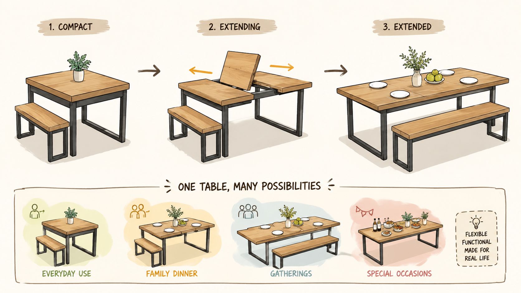 An illustration showing an extendable wooden dining table that transforms from a compact square to a large rectangle.