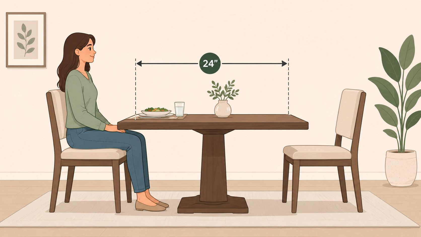 A diagram illustrating the 24-inch recommended dining table spacing for comfortable seating and legroom.