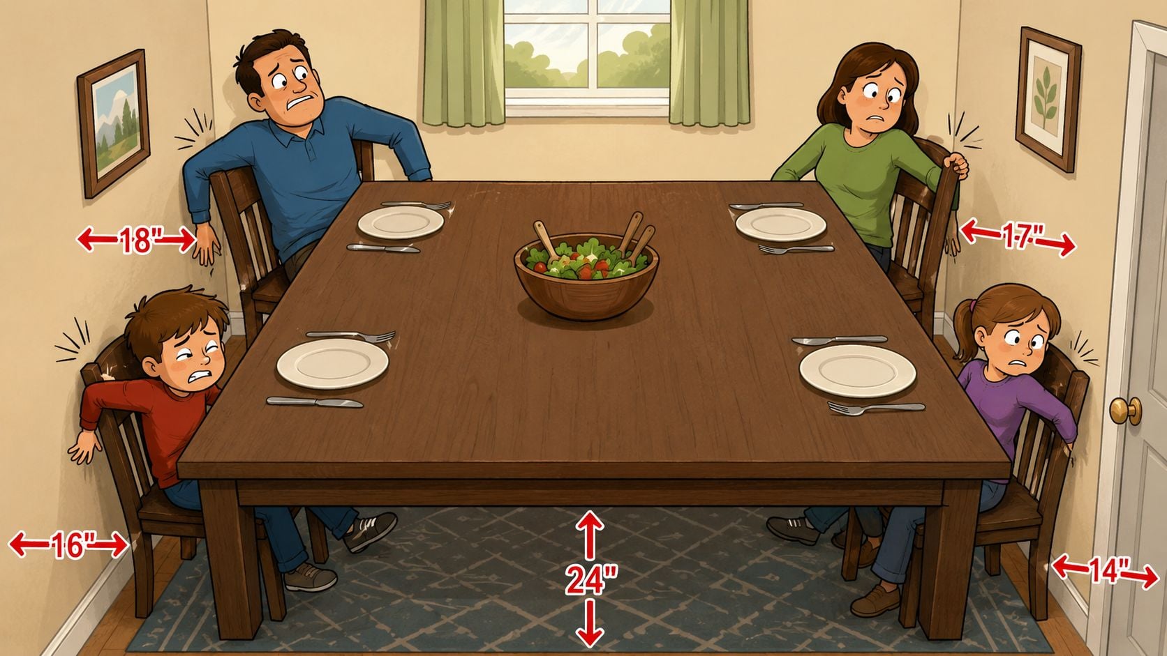 A family of four sits at a cramped dining table with various measurements labeled in inches.