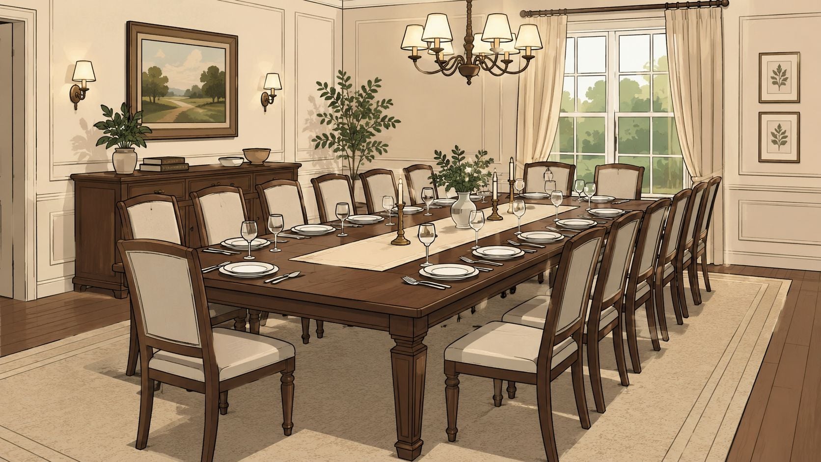 A sophisticated traditional dining room featuring a long wooden dining table set for a formal gathering.