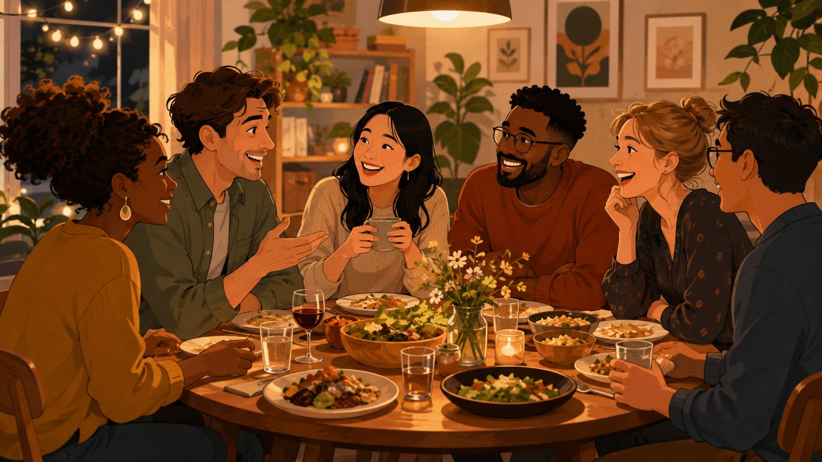 A diverse group of friends enjoying a happy conversation while sharing a meal at a dining table.