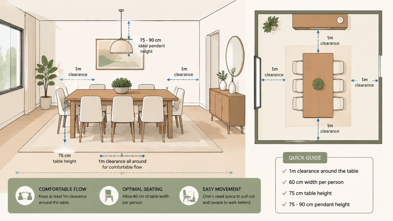 A diagram illustrating ideal dining room layout measurements and clearances for comfortable seating and movement.