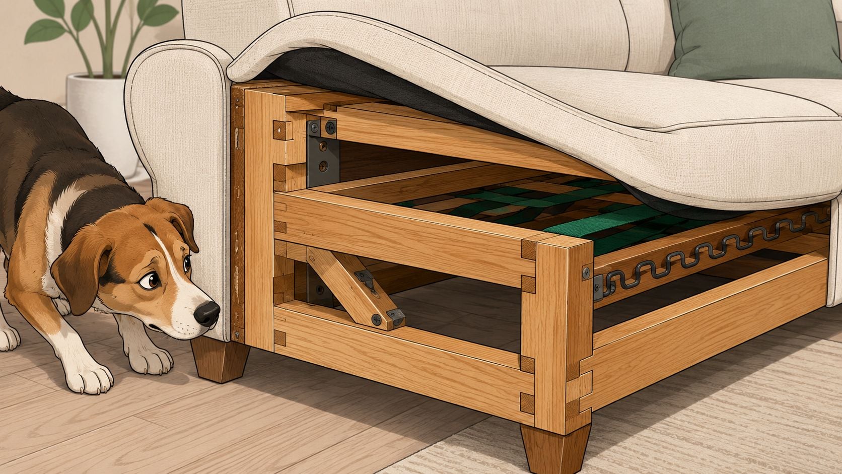A curious beagle looks under a durable couch revealing its sturdy wooden frame construction and support springs.